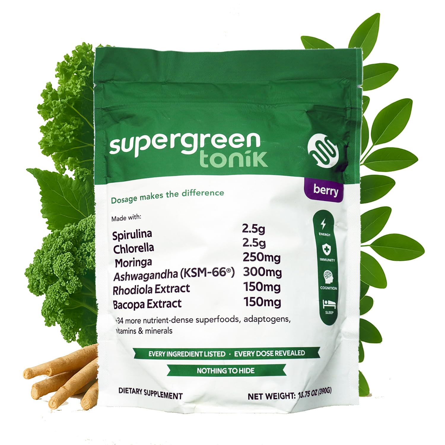 SUPERGREEN TONIK 100% Natural Greens Superfood Powder – Daily Supplement with 40 Superfoods, Vitamins and Minerals – Supports Energy, Stress and Immunity – 30 Days 360 Grams Berry Flavor (1 Bag)