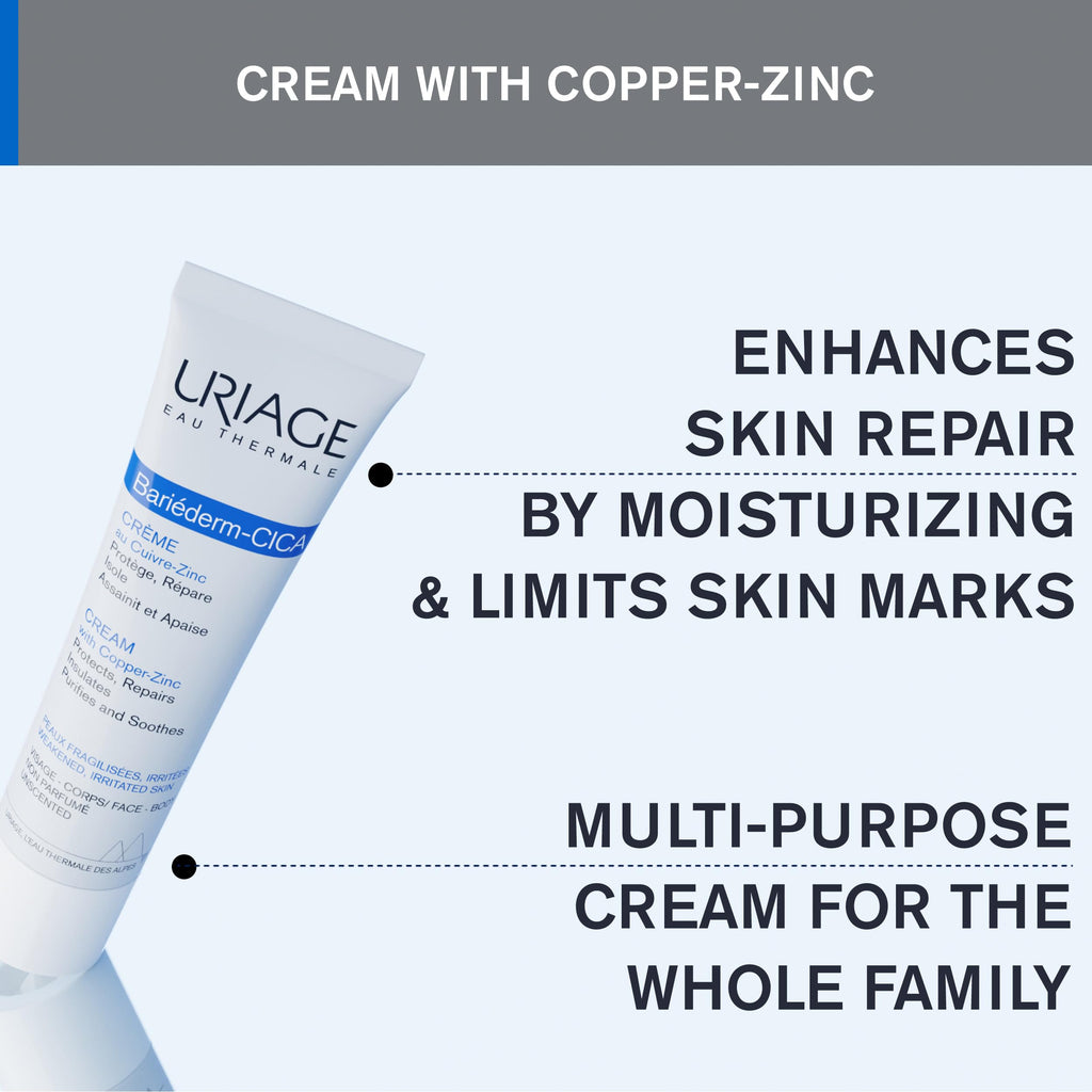 Uriage Bariéderm-CICA Multi-Purpose Restoring Cream with Copper-Zinc & D-Panthenol, Enhances Skin Repair, For All Ages & Skin Types, Fragrance-Free