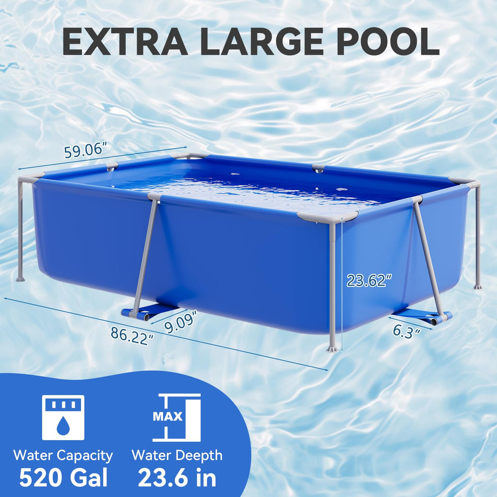 SunSwell Metal Frame Swimming Pool for Family, Rectangle Above Ground Pool for Outdoor, Easy Setup for Backyard, Garden, Camping - Durable PVC