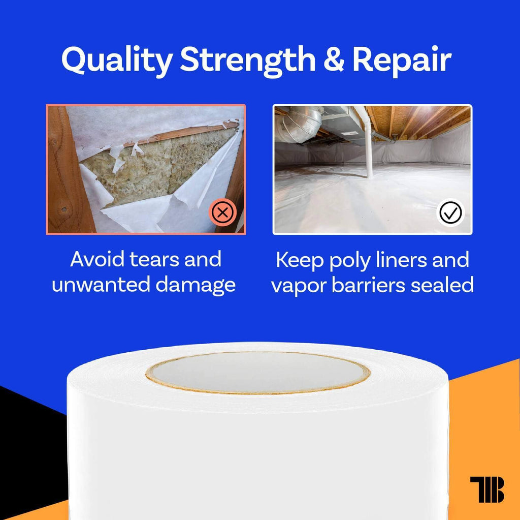 Vapor Barrier Tape - 4 inch x 180' Roll, Made in USA, White Polyethylene Tape for Crawl Spaces & Moisture Barriers, Waterproof Seal & Seam Tape for Underlayment, Insulation, and Plastic Liners