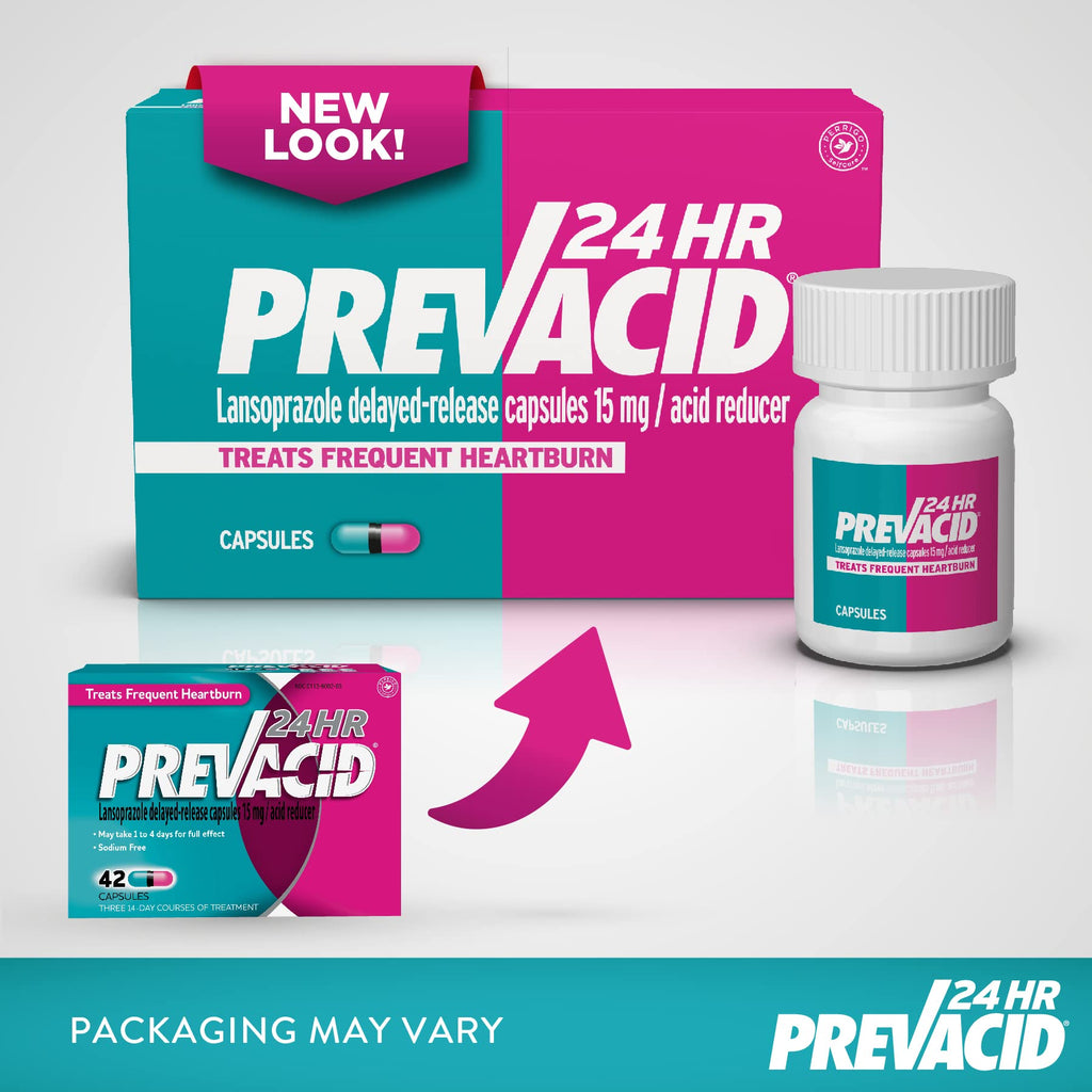 Prevacid 24HR Lansoprazole Capsules, 15 mg Acid Reducer, Delayed-Release PPI for Frequent Heartburn Relief, 42 Count