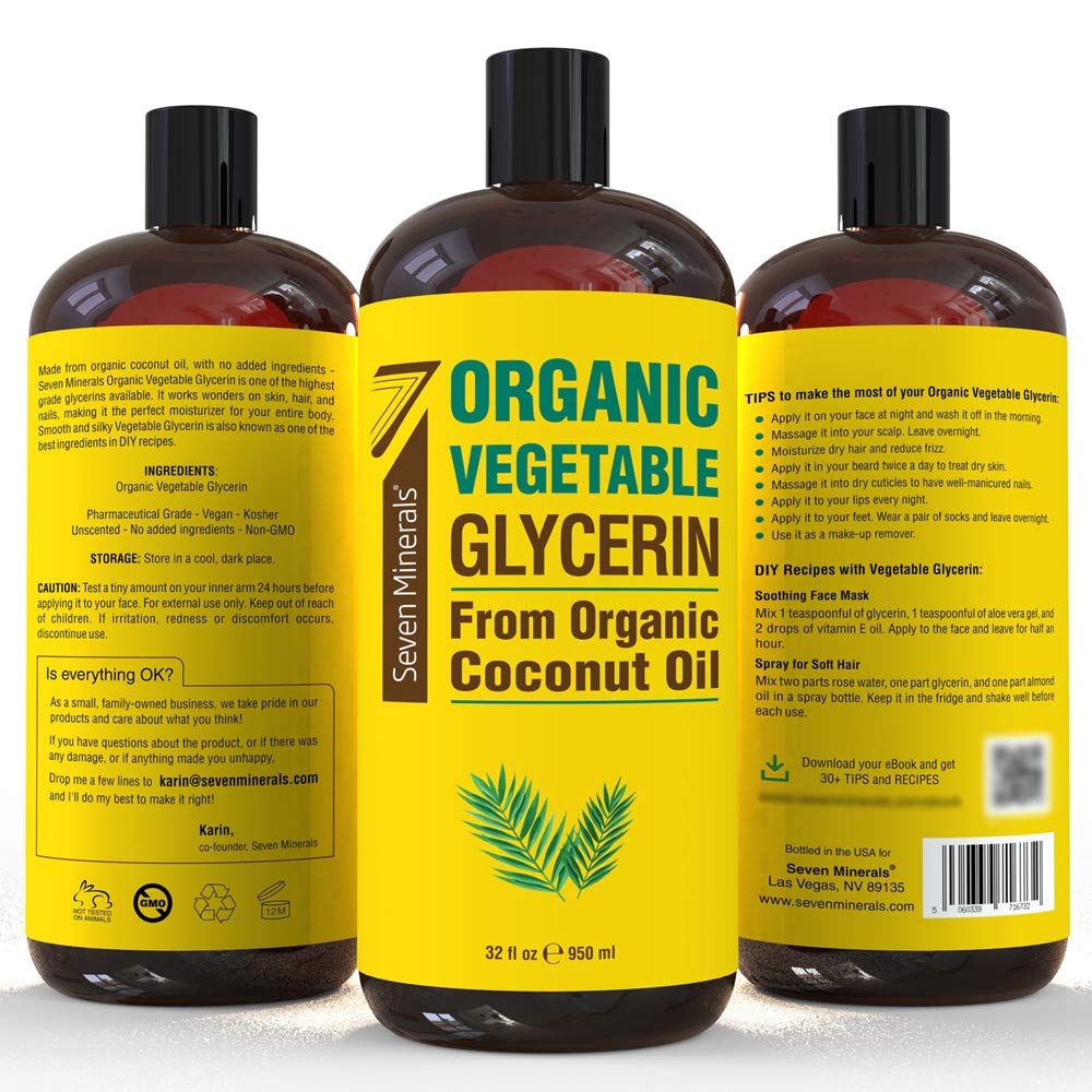 Seven Minerals, Organic Vegetable Glycerin - Big 32 fl oz Bottle - No Palm Oil, Made with Organic Coconut Oil - Therapeutical Grade Glycerine for DIYs - Hair, Nails & Skin Moisturizer - Non-Gmo