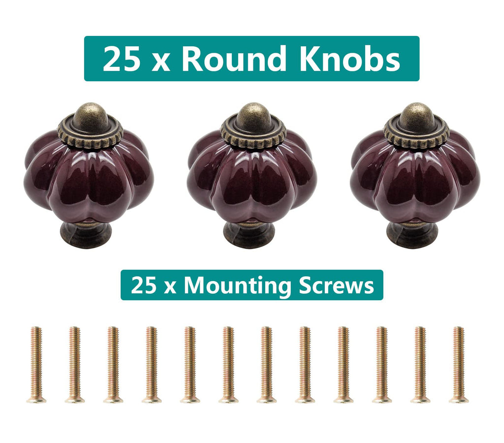 Seimneire 25pcs Dark Purple Vintage Ceramic Cabinet Knobs and Drawer Pulls with Mounting Screws