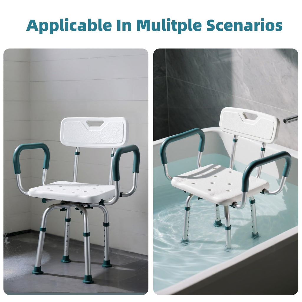 Swivel Shower Chair with Arms and Back, 400 lbs Heavy Duty Shower Seat for Inside Shower Stall and Bathtub, Height Adjustable Safety Bath Seat for Elderly, Adults, Handicap and Disabled