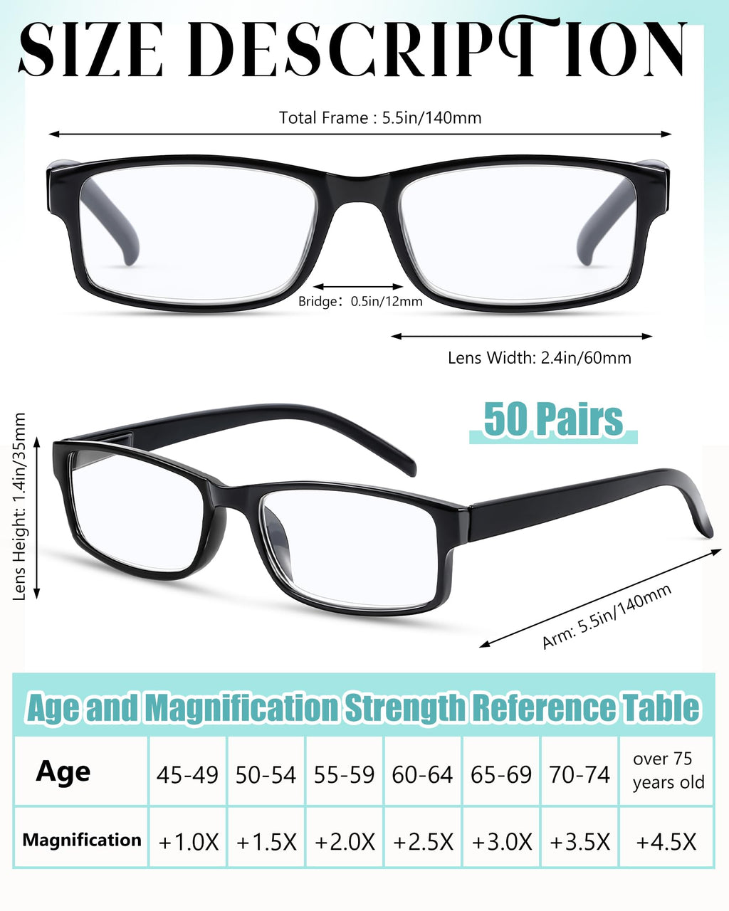 Yexiya 50 Pack Reading Glasses Bulk Frame Eyeglasses with Spring Hinge Traditional Adjustable Non-Prescription Glasses for Men Women(1.5 Diopters,Black)