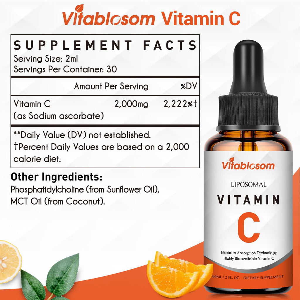 Vitablosom Liposomal Vitamin C 2000mg Liquid for Adults, High Absorption VIT C, Maximize Vitamin C, Immune System & Antioxidant Support, 60ML (4 Bottle)