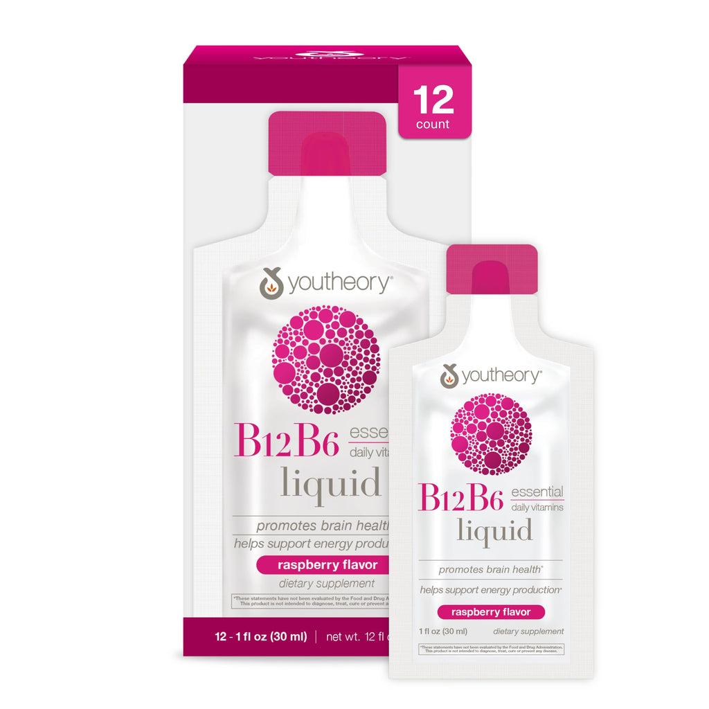 Youtheory Vitamin B12 B6, Daily Energy and Brain Support Supplement, Liquid Raspberry Flavor, 12 – 1oz Single Serving Packets