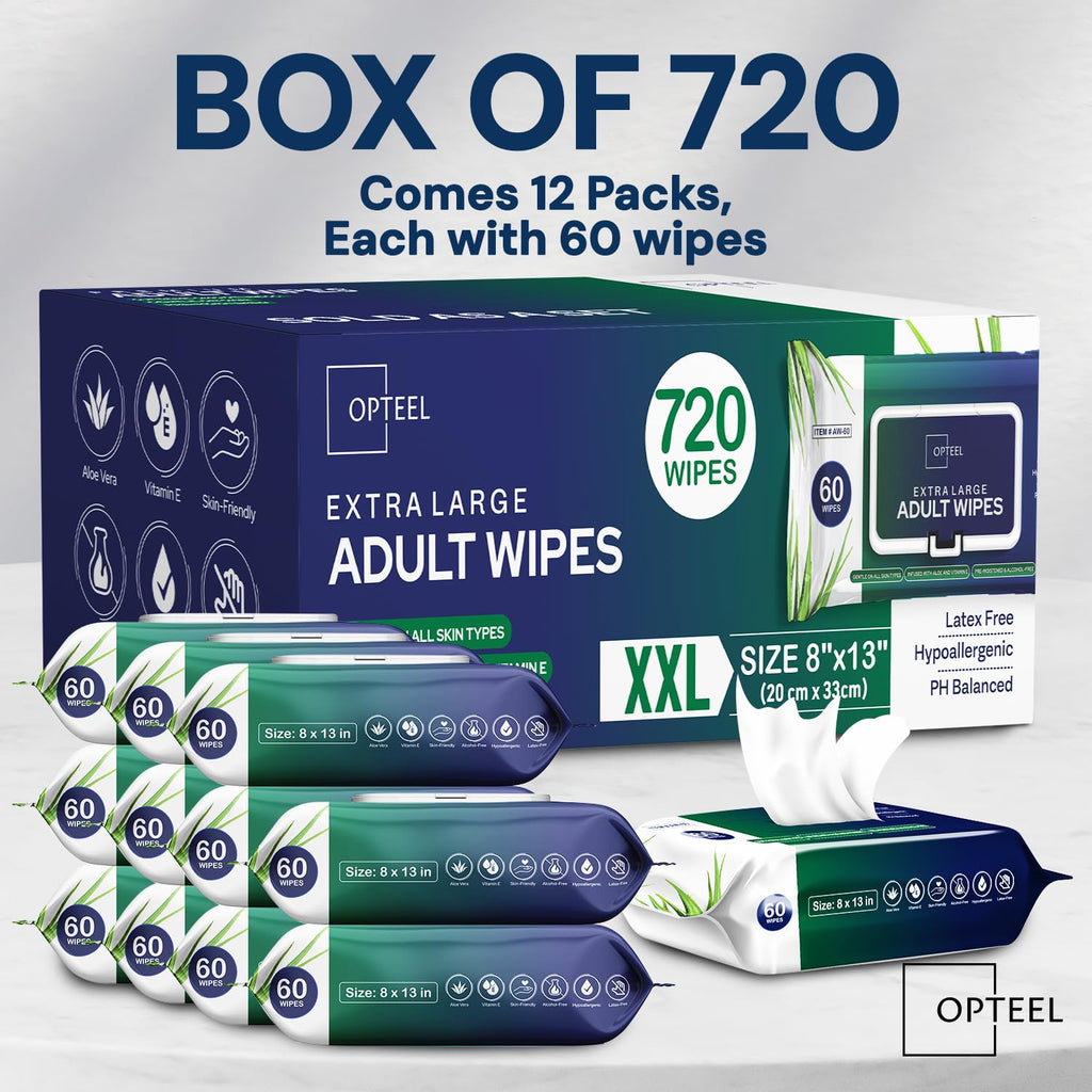 OPTEEL Adult Wipes For Elderly - 8"x13" Extra Large & Soft Wet Wipes for Adults Bathing - Incontinence Disposable Washcloths, Vitamin E & Aloe Infused for Men & Women 720ct (12 Packs of 60)