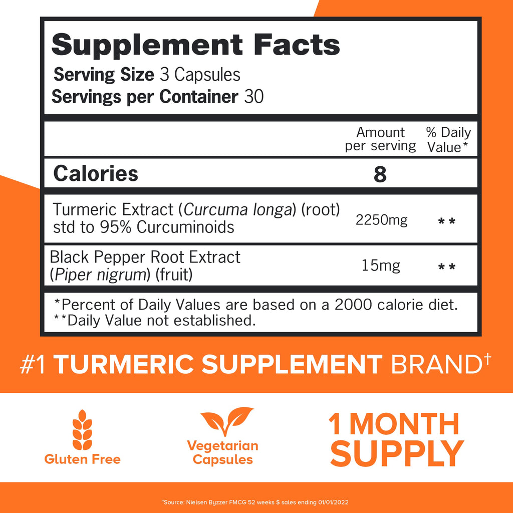 Qunol Turmeric Curcumin 2250mg, Black Pepper Extract for Enhanced Absorption, Supports Healthy Inflammation Response and Joint Health, Dietary Supplement, Vegetarian Formula, 90 Capsules