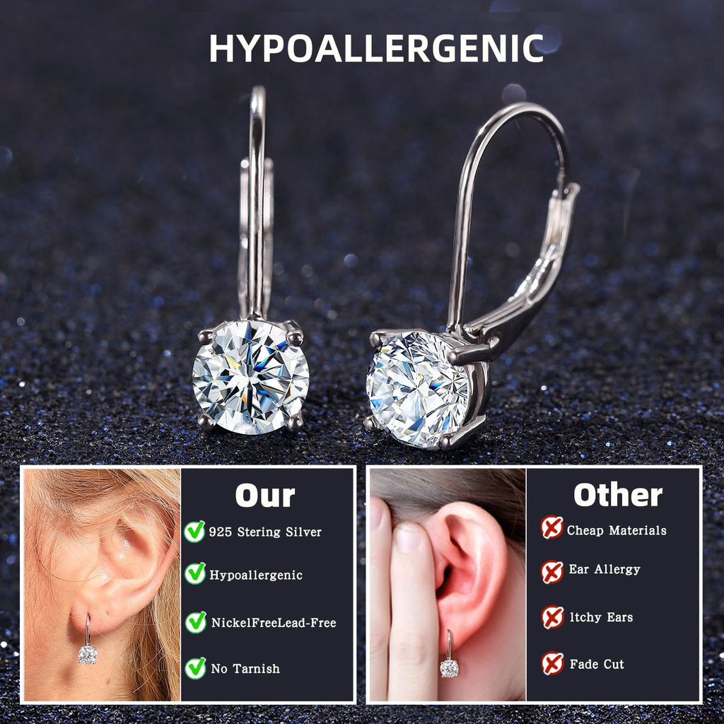 Moissanite Earrings for Women 2.0CT D Color,18K White Gold Plated Sterling Silver Dangle Earrings, Leverback Drop Earrings Jewelry for Gifts (18K White Gold, 2.0CT (1.0CT*2) - 6.5mm)