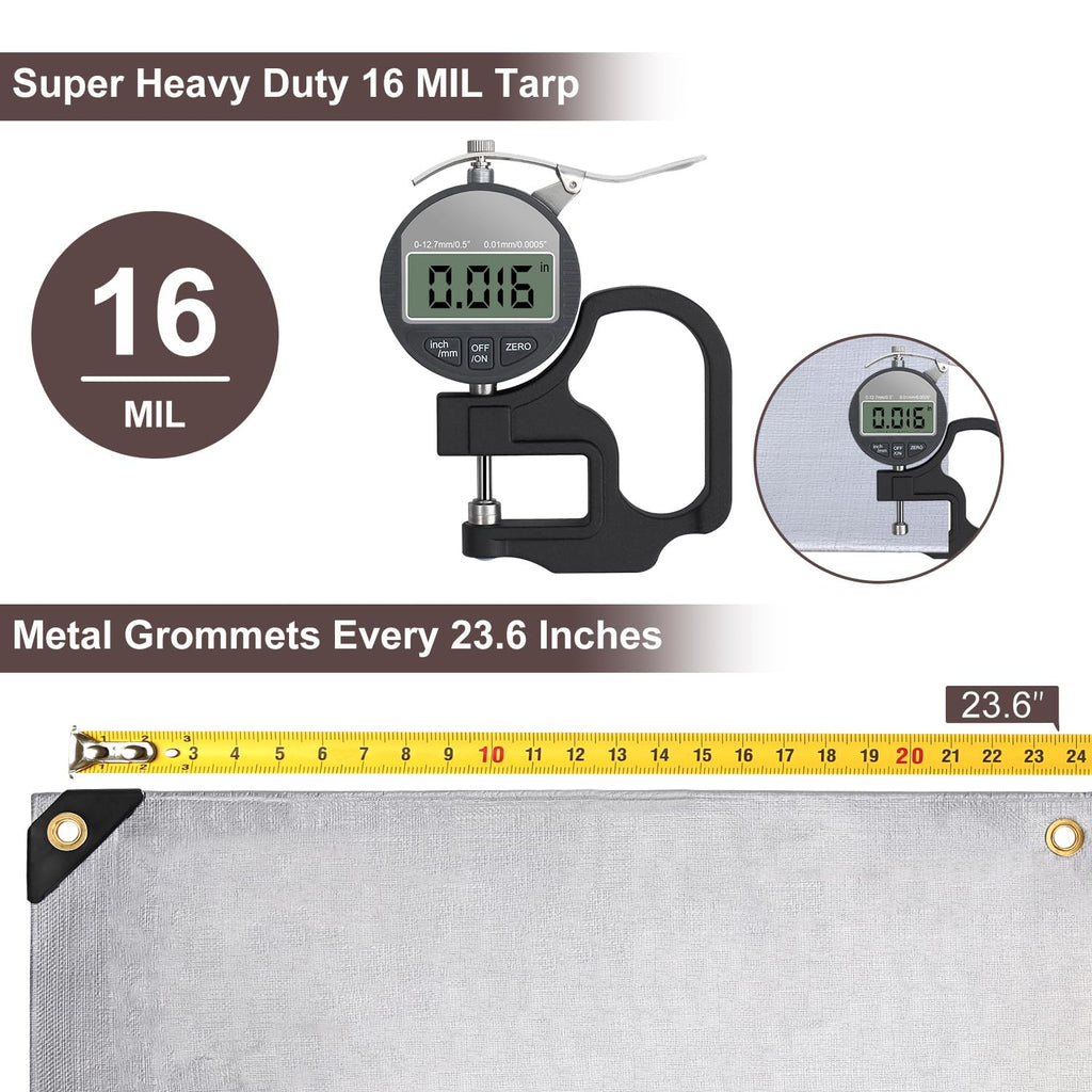 Patiobay Tarp 12x16FT, 16 Mil, Heavy Duty Waterproof Tarps with Grommets Every 23.6", 420D Thick Plastic Tarp, UV Resistant, Tear & Fade Resistant, Reinforced Edges for Outdoor Pool, Camp, Tent