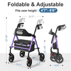 HOMLAND Foldable Rollator Walkers with Seat for Seniors, 8'' Big Wheels, 350 lb. Weight Capacity, Adjustable Handles and Seat Height, Lightweight Rolling Walker, Purple