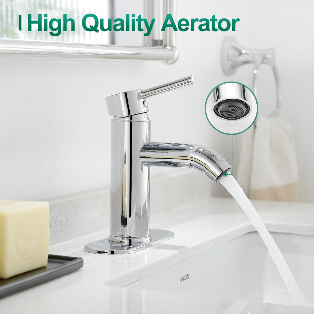 Bathroom Faucet Chrome Modern Bathroom Sink Faucet, Single Handle Faucet for Sink, Vanity, RV, Lavatory, Suitable for 1 or 3 Holes, with Supply Deck Plate and Hose