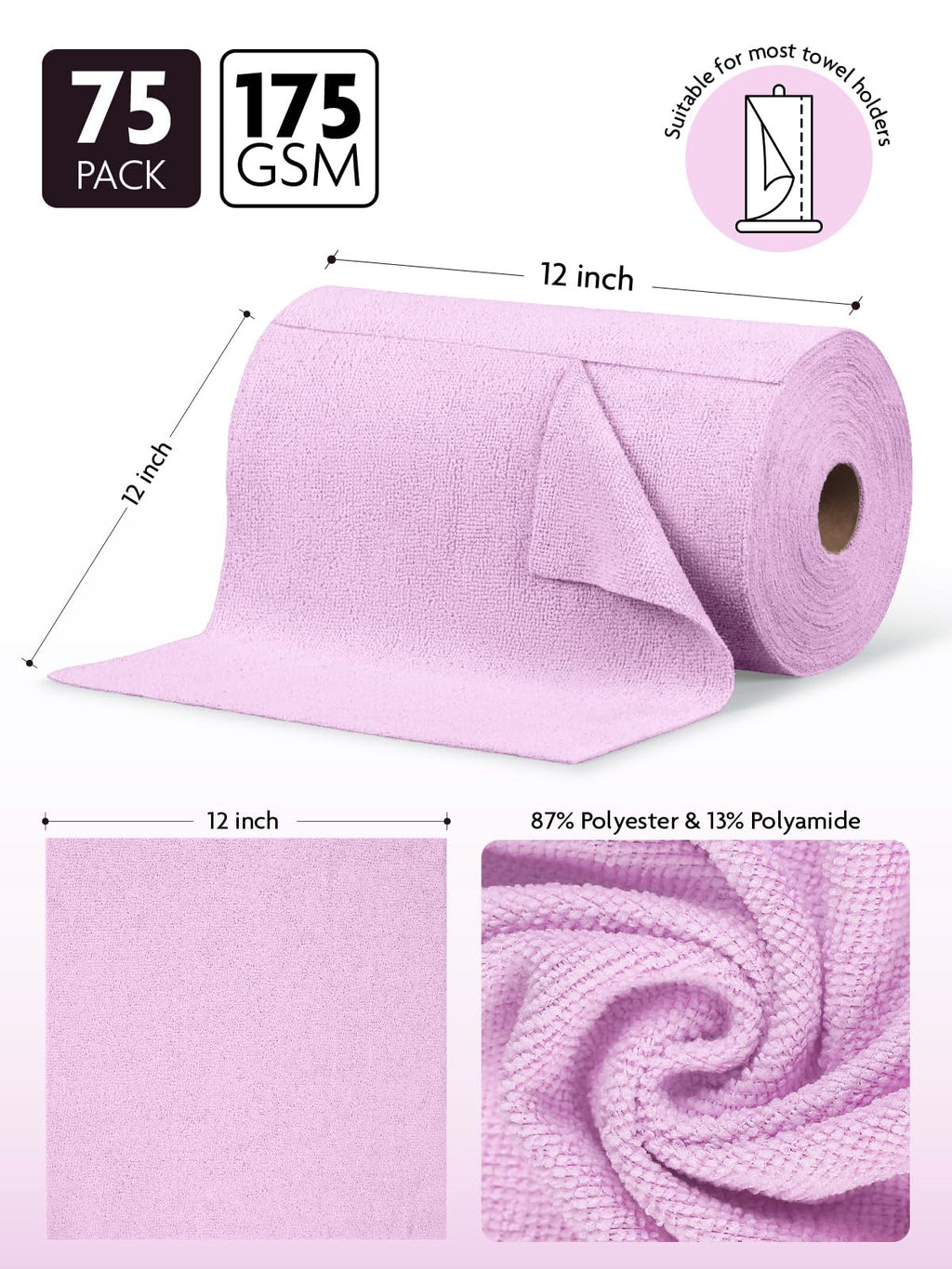 Fantasticlean Microfiber Cleaning Cloth Roll -75 Pack, Tear Away Microfiber Towels, 12" x 12", Reusable, Washable, Scratch Free, Ultra Absorbent Dishcloth for All-Around Cleaning Supplies (Purple)