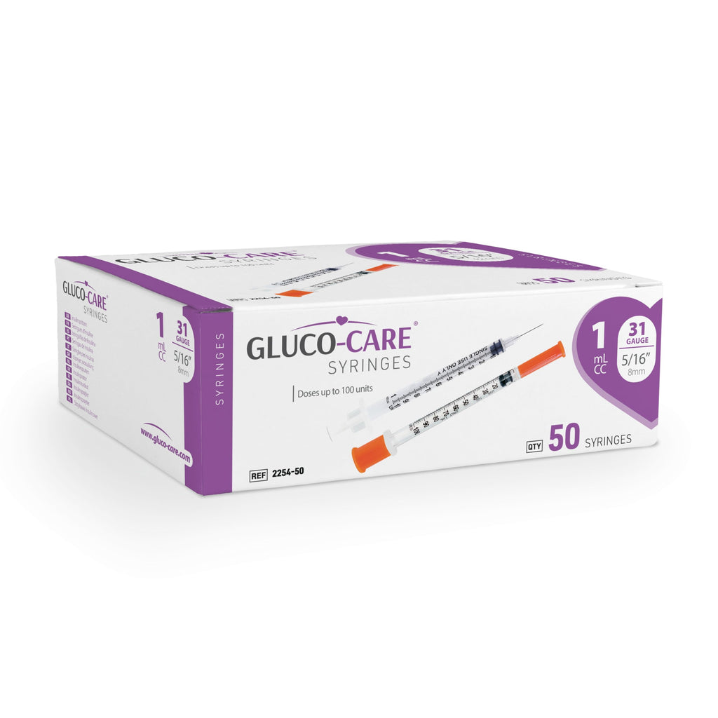 GLUCO-CARE 1ml /cc Syringes 31G x 5/16’’ (8mm), Orange Cap, Box of 50 pcs