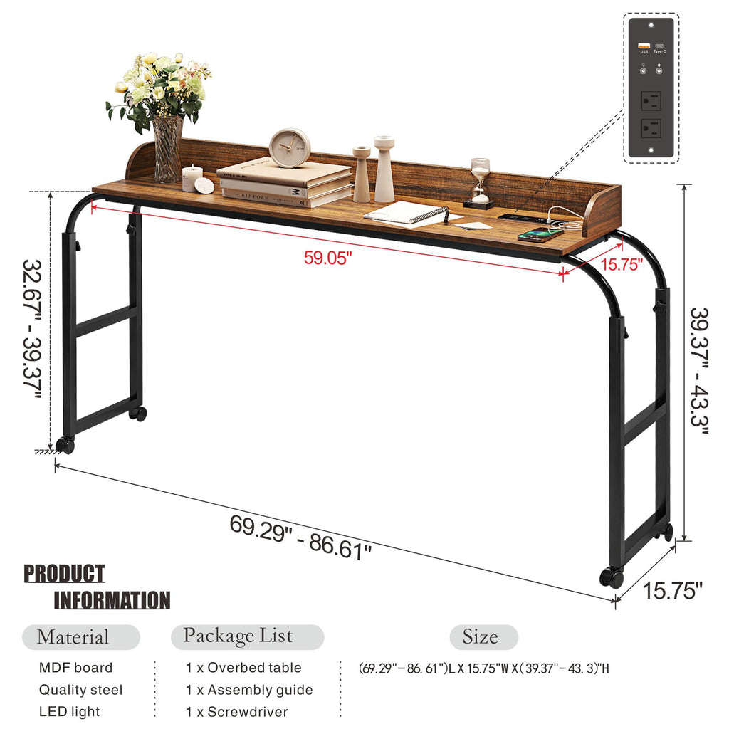 HWB Overbed Desk with Charging Station-Over Bed Table-Adjustable Length/Height with Wheels - Human Sensor LED Light Mobile Queen Size Bed Table Rolling Tray Table for Eating & Laptops, Brown