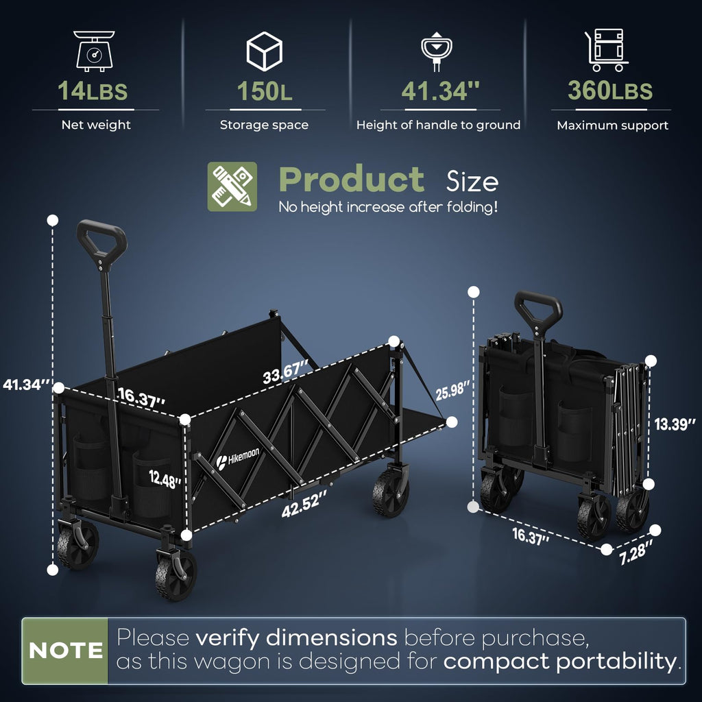 HIKEMOON 43'' Extra Long Folding Wagon with Extended Tailgate, Black