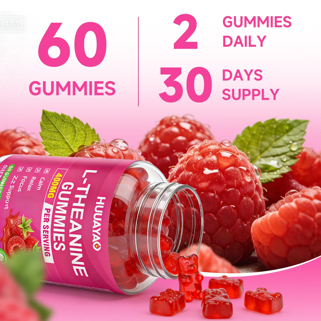 HUUAYAO L-Theanine Gummies 400mg, L-Theanine Supplement for Kids & Adults with Ashwagandha, GABA, 5HTP for Calm, Zzz & Relaxation Support, Raspberry Flavor, 120 Counts