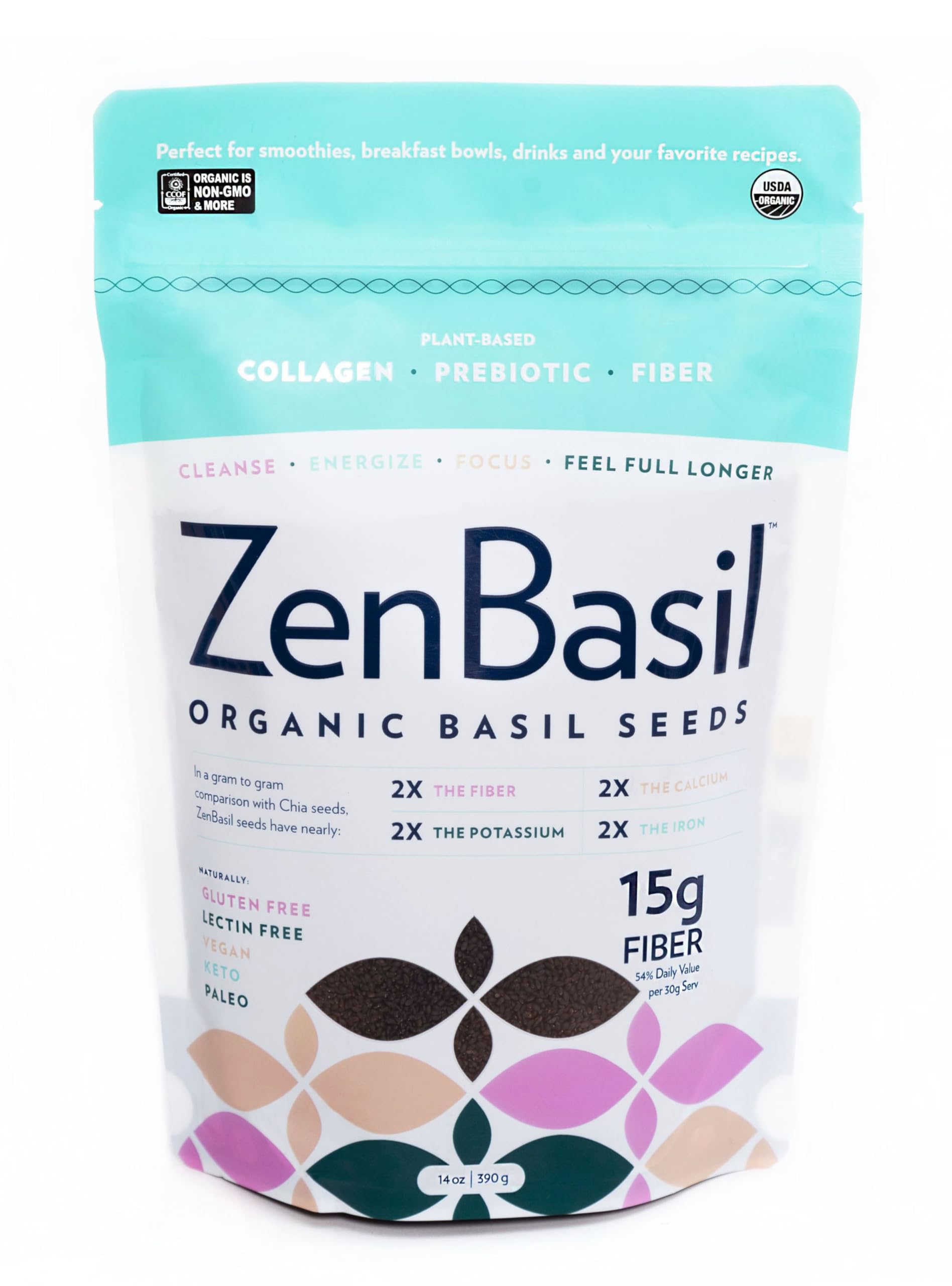 Zen Basil Seeds | edible basil seeds, kosher, non-gmo, lectin free, gluten free, plant based, keto, paleo, vegan | 15g fiber per/serv | 14oz | more fiber than chia seeds | prebiotic