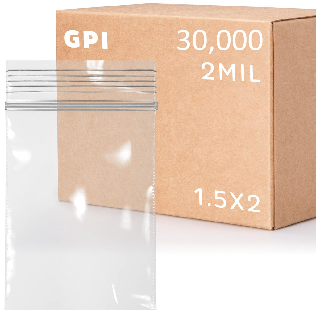 30,000 Case - 1.5" x 2" Small Zip Bags, Clear Plastic Reclosable Jewelry Bags, 2.5 Mil Thick, with Resealable Zip Top Lock for Jewelry, Pills, Meds, Powders, Beads, Seeds, etc. - GPI