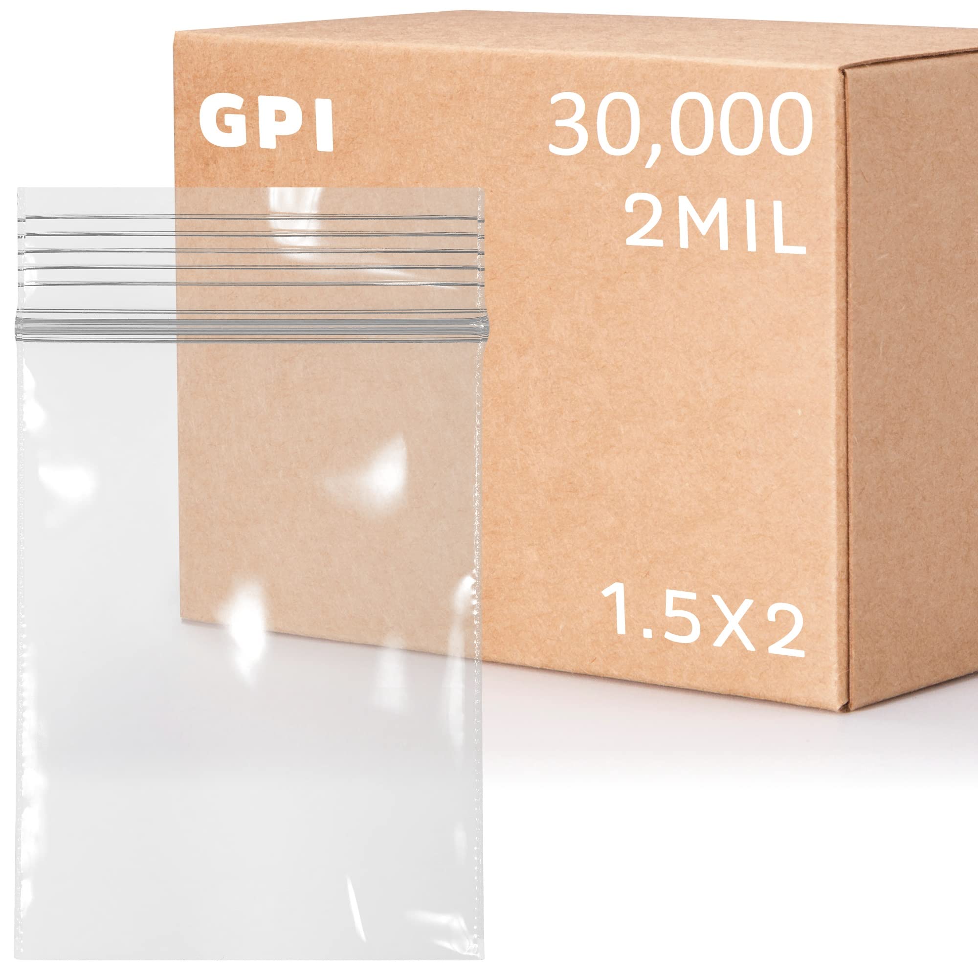 30,000 Case - 1.5" x 2" Small Zip Bags, Clear Plastic Reclosable Jewelry Bags, 2.5 Mil Thick, with Resealable Zip Top Lock for Jewelry, Pills, Meds, Powders, Beads, Seeds, etc. - GPI