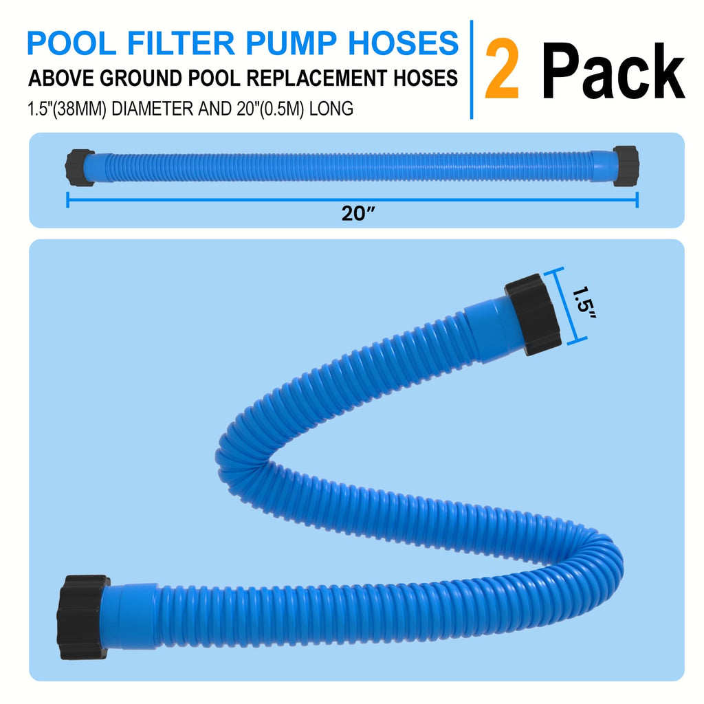 1.5" x 20" Pool Hose Replacement, Pack of 2 - Compatible with Above Ground Pools Filter Pump Hoses, Sand Filters, Saltwater Systems (1,500-2,500 GPH), Blue