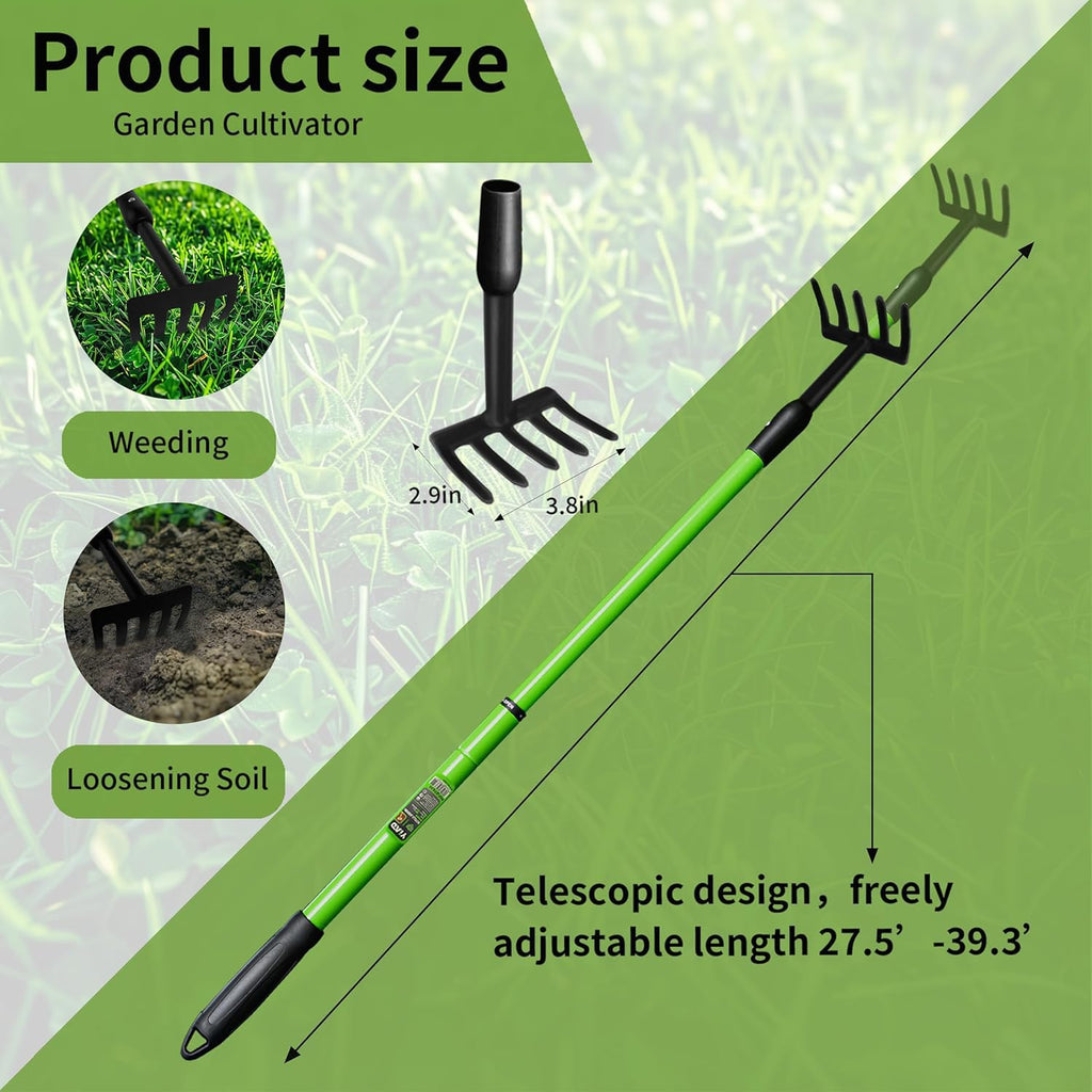 Telescopic Garden Rake, 27-40" Adjustable Hand Rake with 5 Metal Tines