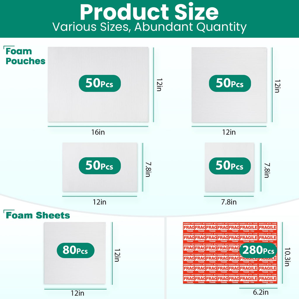 560Pcs Dish Packing Supplies for Moving, 280Thickened High-Density Foam Wrap Pouches & Sheets for Plates and Fragile Shipping Storage, 4 Sizes (16x12",12x12",12x7.8",7.8x7.8")with 280 Fragile Stickers