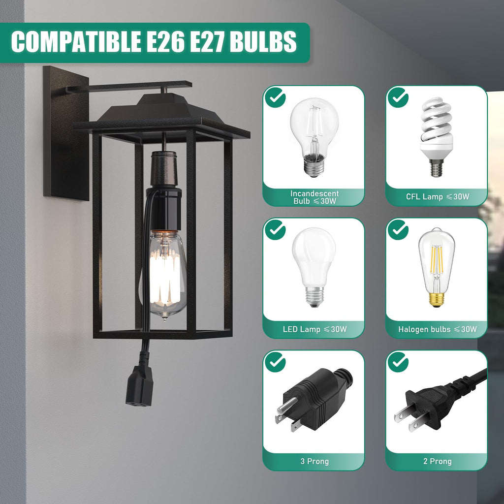 Aaeytby Light Socket Outlet Adapter, 3 in 1 Light Socket to Plug Adapter, Convert E26/E27 Bulb Socket to 3 Prong Outlet with Extension Cord, Suitable for Outdoor Porch Patio Garage 2-Pack