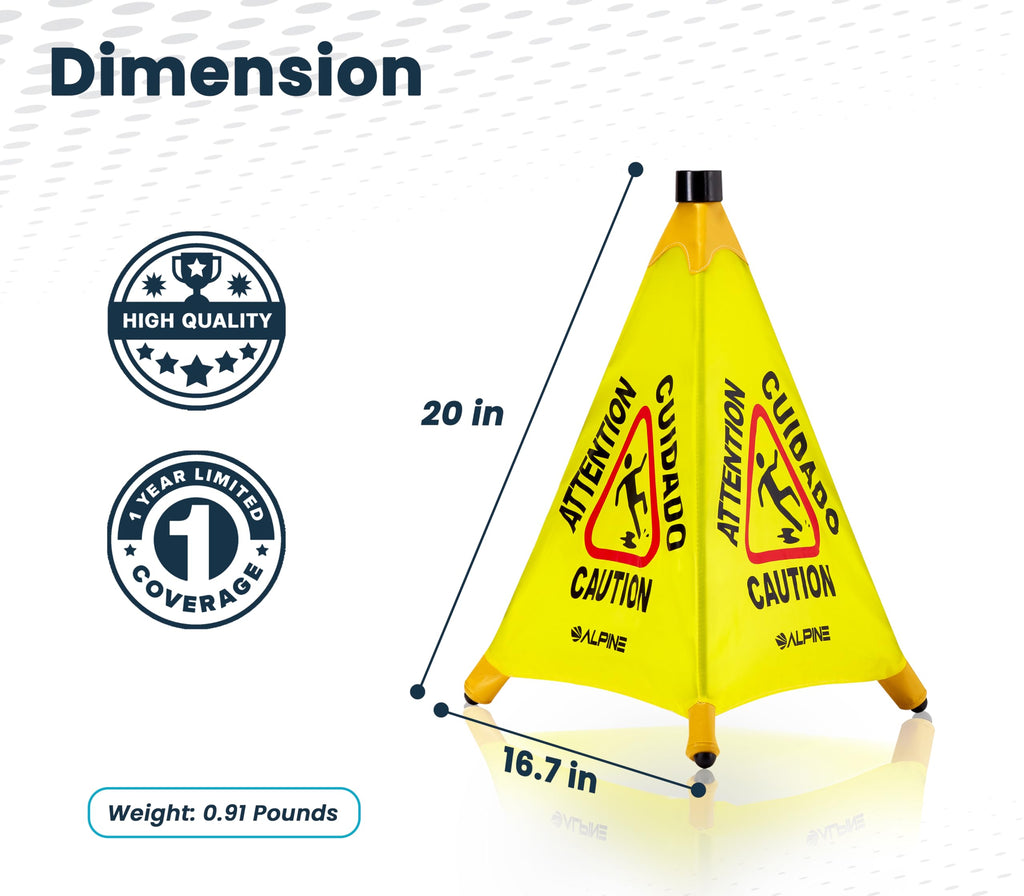 Alpine Caution Wet Floor Sign - Pop Up Slippery When Wet Sign, Wall Mounted Foldable Bilingual Yellow Safety Warning Caution Cone For Commercial & Office Use (20 Inches)