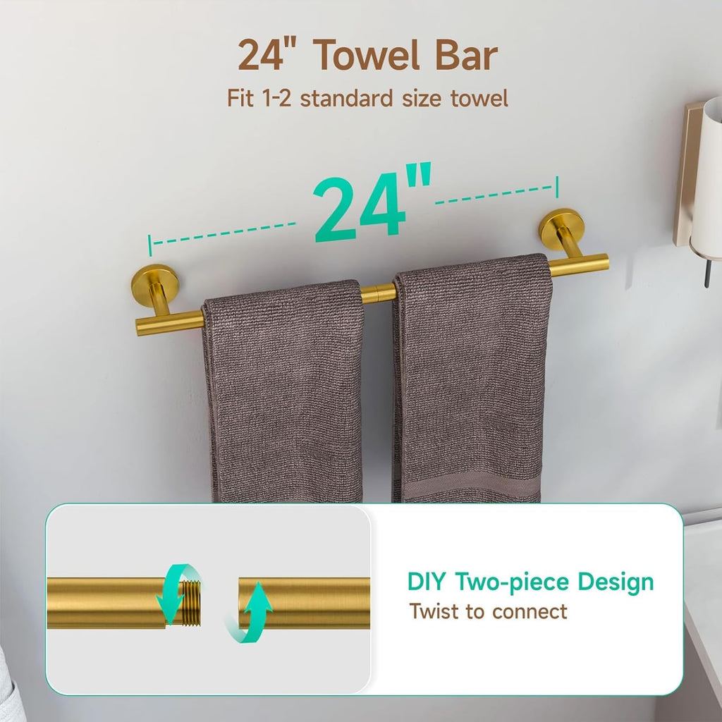 USHOWER Brushed Gold Bathroom Accessories Set, 24-Inch Towel Bar Set Wall Mounted, Durable SUS304 Stainless Steel Bathroom Hardware Set, 4-Piece