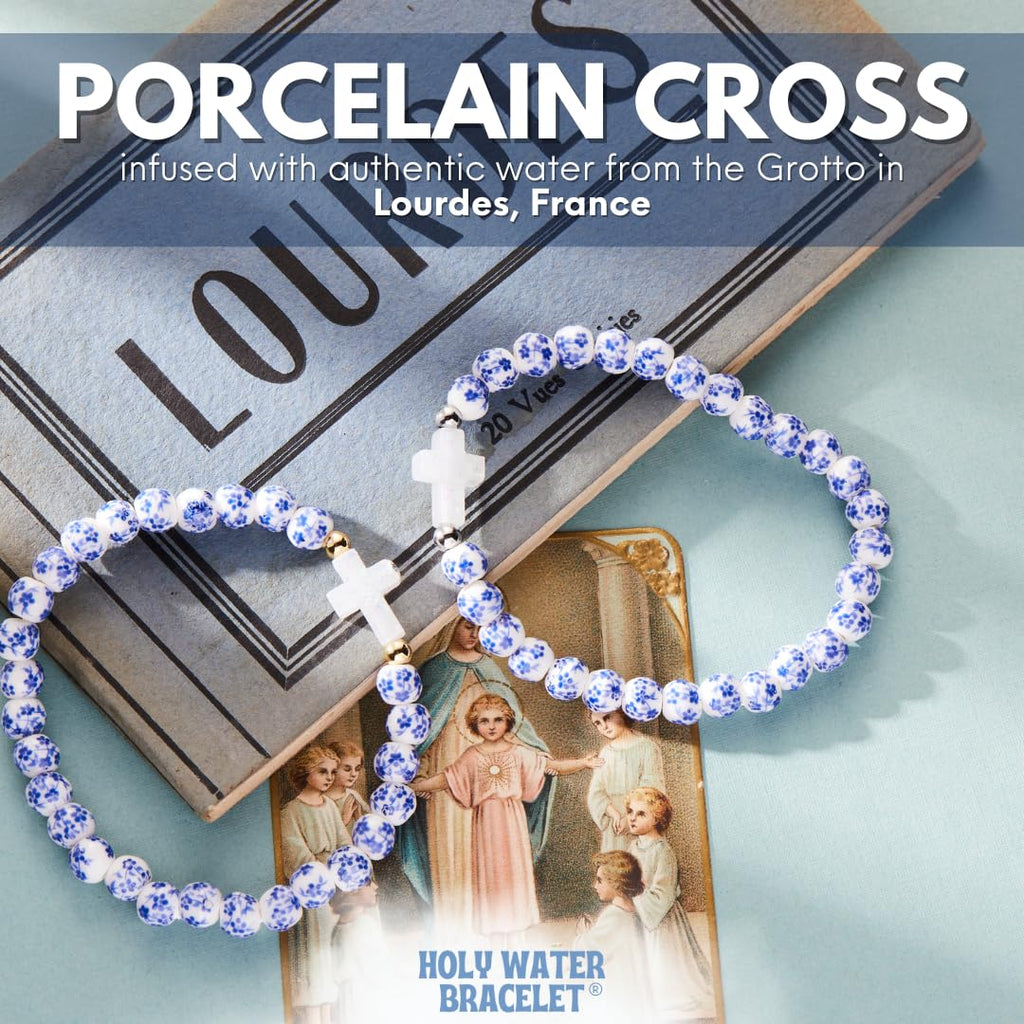 Holy Water Porcelain Cross Bracelet in Silver, Blue Floral Beads, Women