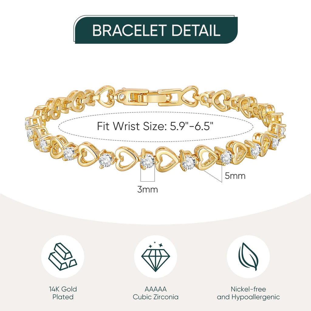 Goxygen Tennis Bracelet for Women - 14K Gold Plated Heart Cubic Zirconia Bracelet, Dainty Trendy Anniversary Birthday Christmas Jewelry Gift for Her