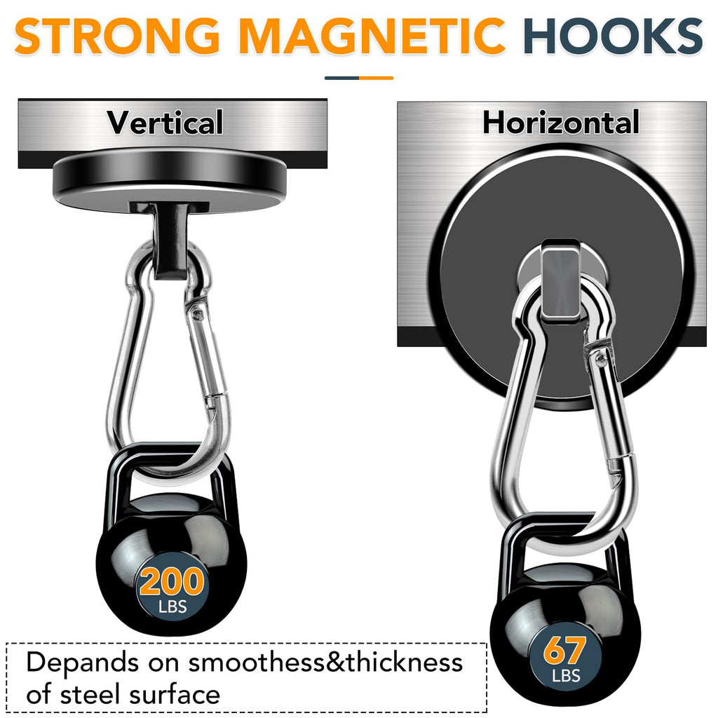 MIKEDE Strong Magnetic Hooks Heavy Duty, 200LBS+ Black Swivel Neodymium Magnets with Carabiner Hook, Hooks for Hanging, Curtain - 4 Pack