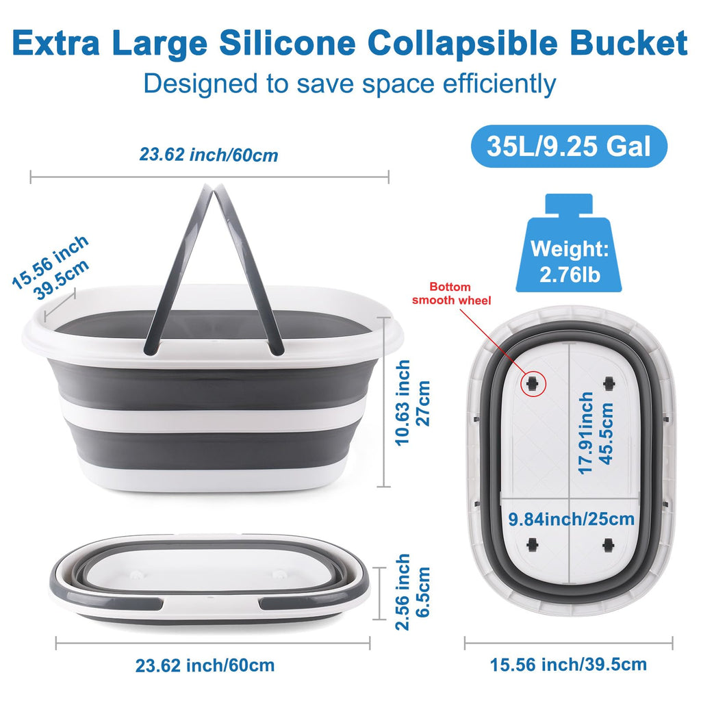 Extra Large Collapsible Bucket 35L Mop Bucket With Handles & Wheels, Plastic Wash Basin Pet Bath Tub for Puppy Dogs Cats, Folding Laundry Basket Clothes Storage Organizer RV Outdoor Camping Essentials
