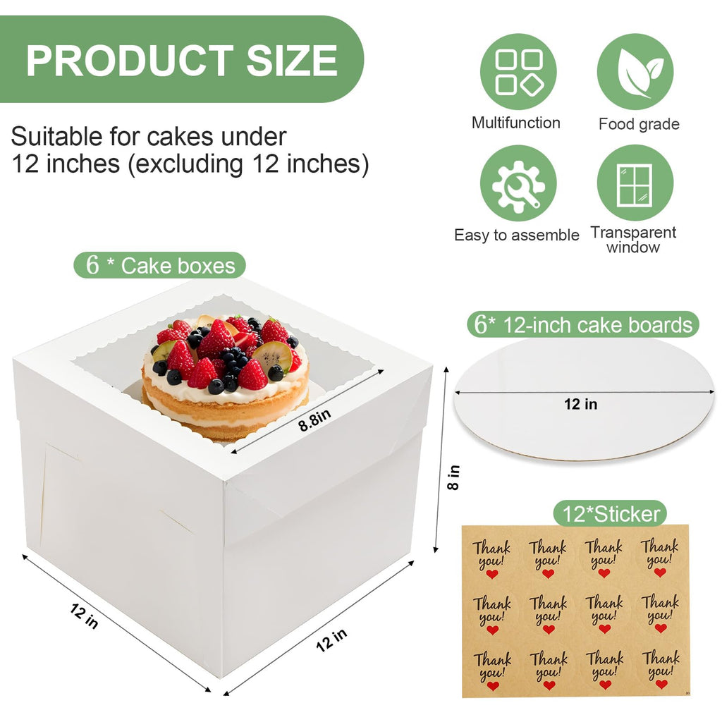 LNDIEHS 6 Pack Cake Boxes with Window, 12x12x8 Inches, for Wedding Birthday