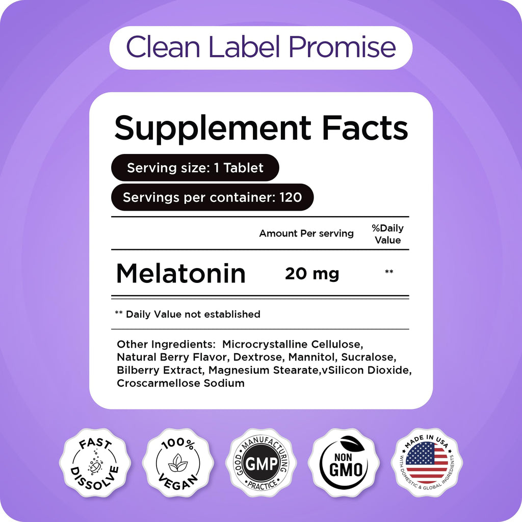 Balancebreens Melatonin 20mg Fast Dissolve Tablets - High Potency, Fast Acting, Natural Sleep Support - Sleep Aids for Adults - Non-Groggy, Drug-Free Formula - 120 Sleeping Pills