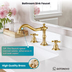 gotonovo Bathroom Faucet 3 Hole 8 Inch Widespread Bathroom Sink Faucet 2 Cross Handles Vintage Lavatory Vanity Mixer Tap with Pop Up Drain, H C Label, Antique Brass