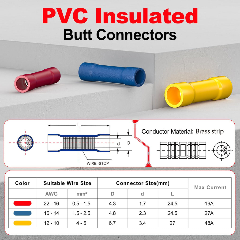 AIRIC 16,14 AWG/Gauge Blue Butt Connectors Wire Crimp Splice Terminals