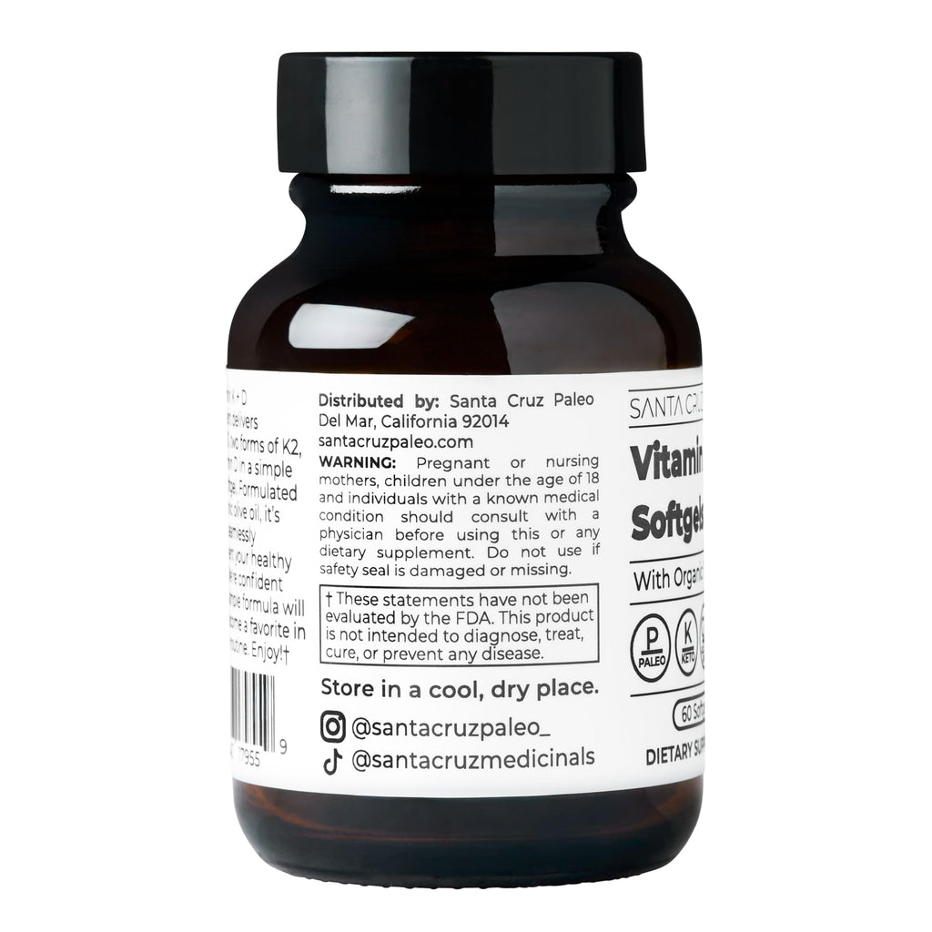 Santa Cruz Paleo Vitamin K2 + D3 Softgels, Daily Supplement with Organic Olive Oil, Includes Vitamin K1 & Two Forms of K2, Supports Heart & Bone Health, Gluten Free, Sugar Free, Paleo, Keto, 60 Count