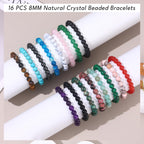FINZOR 16 PCS Healing Crystal Bracelet for Women Men 8mm Natural Stone Beaded Bracelets Round Gemstones Stretch Bead Bracelet Birthday Gifts