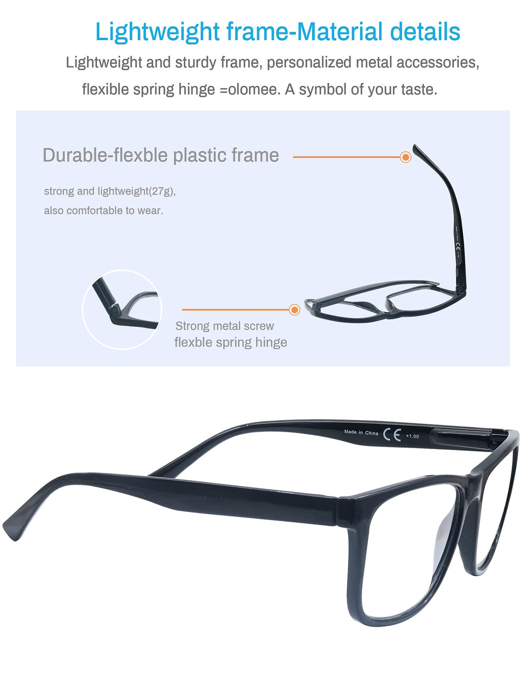 OLOMEE Large Reading Glasses Mens Wide Oversized Readers +1.25 Lightweight Square Eyeglasses for Reading for Big Head Men 4 Pack with Spring Hinge