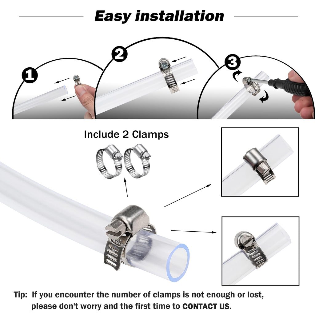 DAVCO 1/2" ID - 10 ft Clear Vinyl Tubing, Low Pressure Flexible PVC Tube, Heavy Duty UV Chemical Resistant Lightweight Plastic Vinyl Hose, BPA Free and Non Toxic, with 2 Stainless Clamps