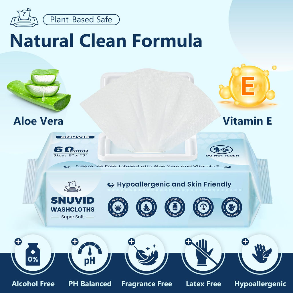 Adult Wipes for Elderly - 720 Count Extra Large 8"x13" Disposable Washcloths Rinse Free Bathing Wipes for Incontinence & Bedridden Care - Thick, Soft & Unscented with Aloe & Vitamin E (12 Packs of 60)