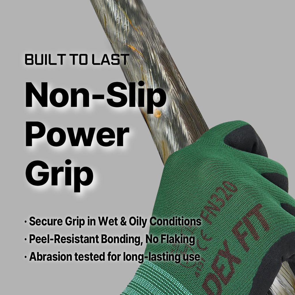 DEX FIT Premium Nylon Nitrile Work Gloves FN320, 3 Pairs, 3D-Comfort Stretchy Fit, Firm Grip, Thin & Lightweight, Durable, Breathable & Cool, Machine Washable; Forest Green 8 (M)