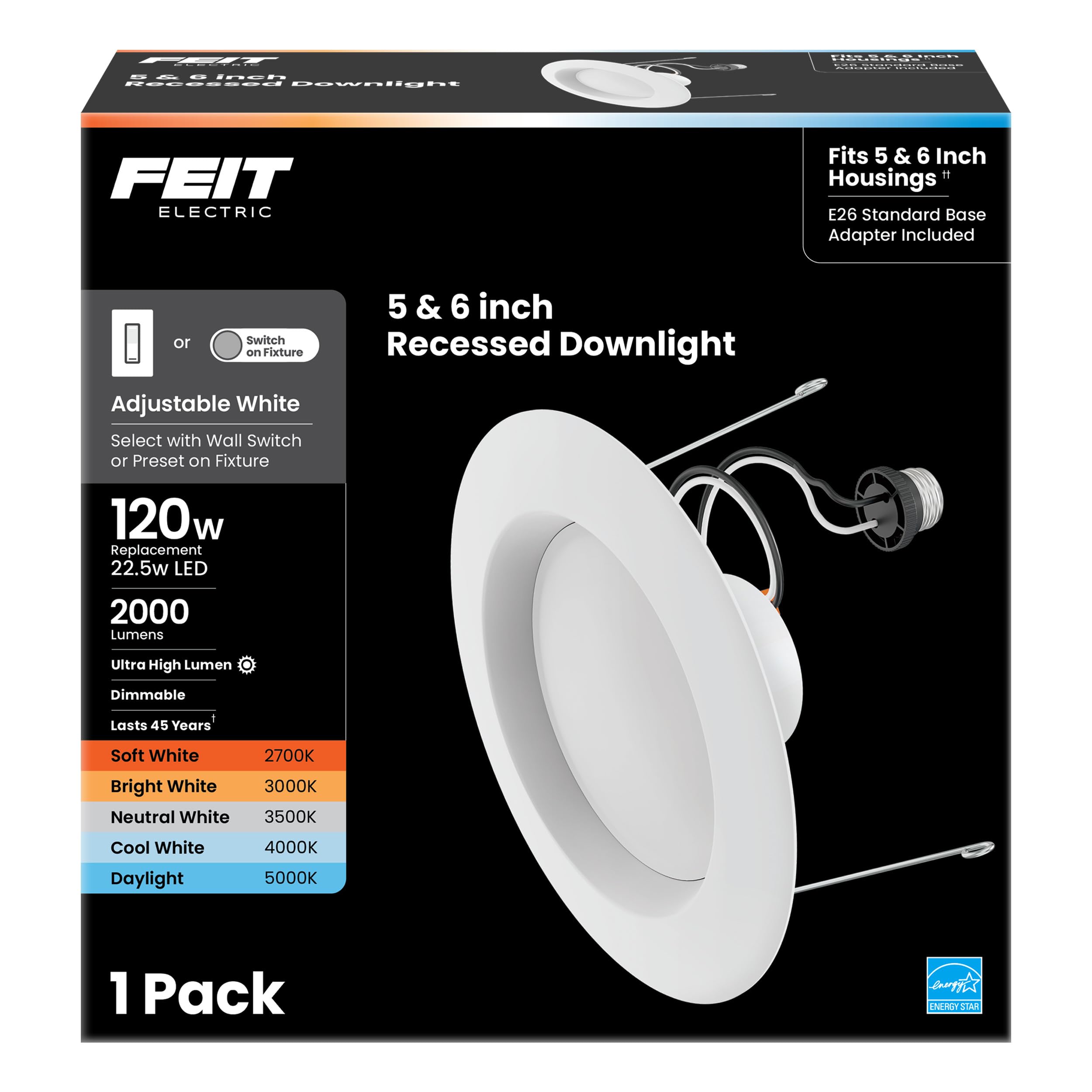 Feit Electric LED Recessed Downlight, 120W Equivalent, 5/6 Inch Retrofit Kit, Dimmable, 2000 Lumens, 90+ CRI, 22W, Adjustable Color Temperature, High Ceilings & Large Spaces Downlight, LEDR56XHO/6WYCA