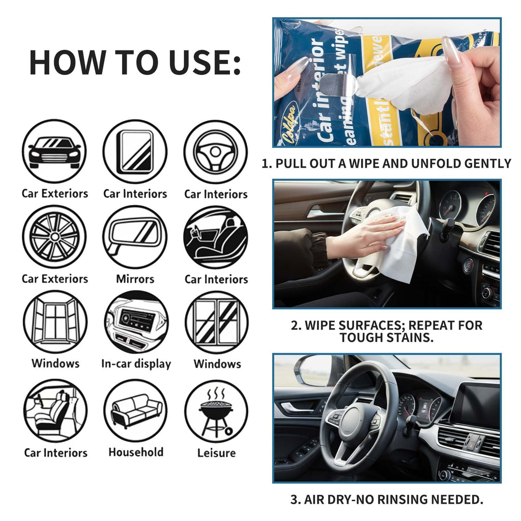 Car Cleaning Wipes, Multipurpose Vehicle Interior Surface Wipes, Soft Disposable Cleaning Cloth for Car Dashboard Seat Door Panel Glass Dust & Stain Removal