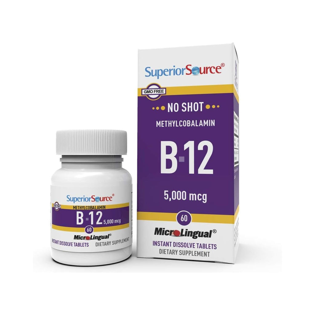 Superior Source No Shot Methylcobalamin B-12 5000 mcg - Vitamin B-12 to Support Energy Production, Brain Health & Overall Wellness - Sublingual Tablets for Fast Absorption - 60 Dissolving Tablets