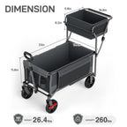 EVER ADVANCED Collapsible Push & Pull Shopping Cart with Wheels & Brakes, Foldable Wagon for Groceries with Practical Basket, Side Pockets & Cup Holders, Beach Utility Rolling Cart for Camping, Grey