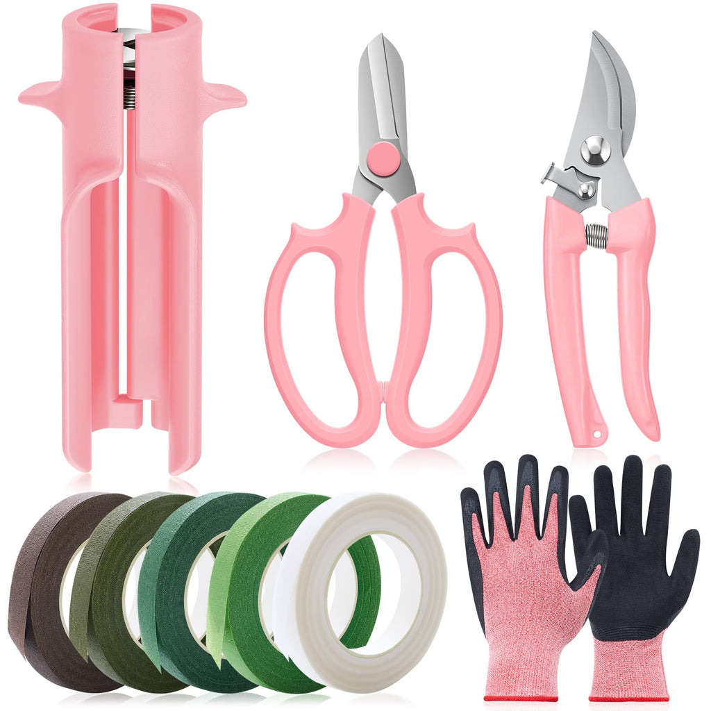 Lasnten 9 Pcs Rose Thorn Remover Set Include 1 Flower Thorn Stripper Tool 5 Floral Tape 1 Flower Scissor 1 Curve Gardening Scissors 1 Pair Gardening Gloves for Wedding Women Mother Gift (Pink)